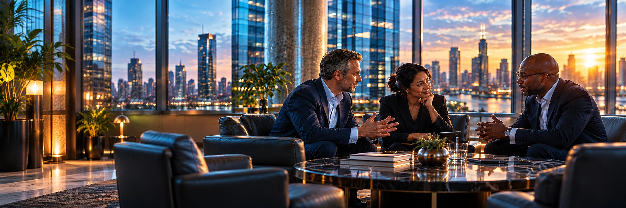 Concept illustration of three leaders in a lounge conversation around a low round table, grey-haired man left, East Asian woman center holding a tablet, Black man right.