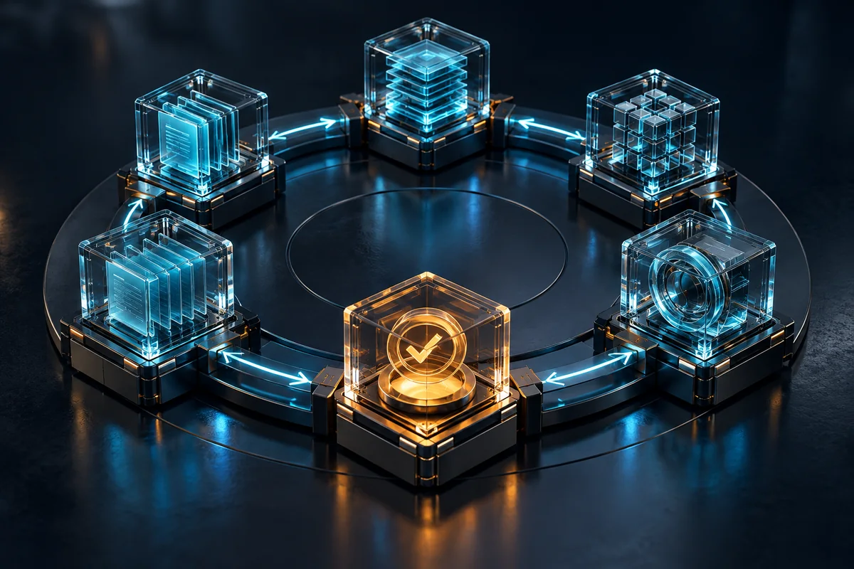 Concept illustration of connected cyan processing modules arranged in a recurring loop with an amber review checkpoint.