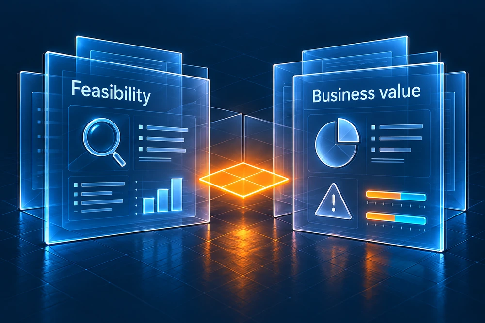 Layered feasibility and business value panels joined by a glowing decision point.