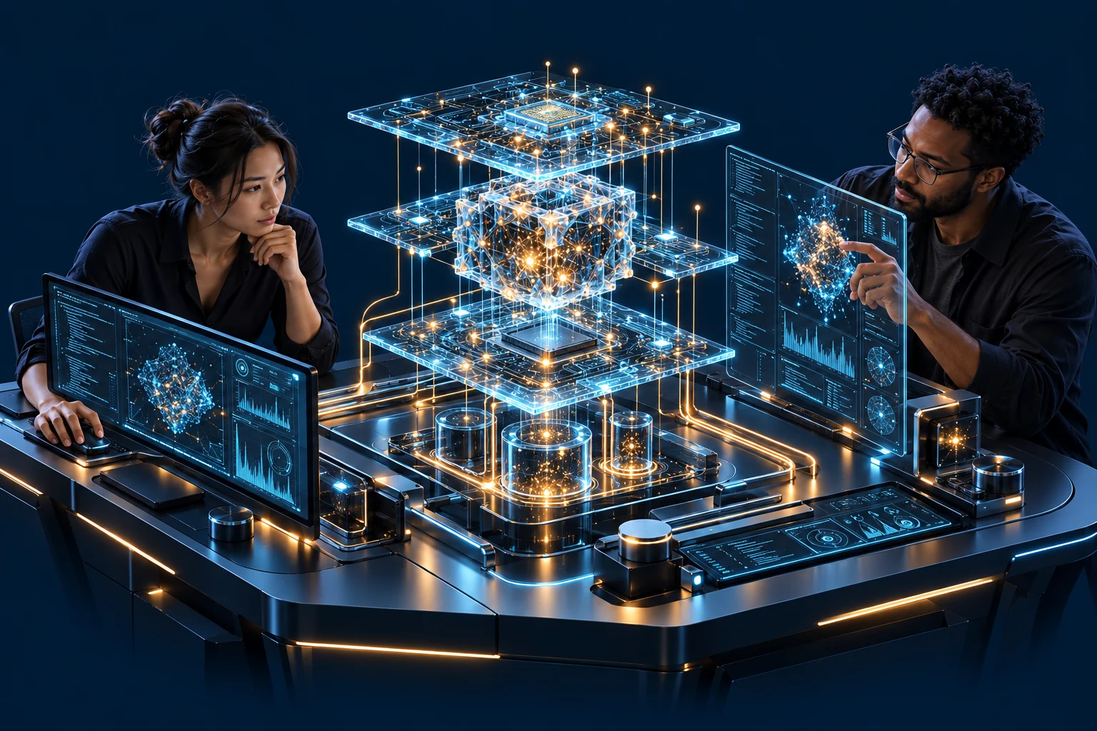 Illustration of two AI engineers inspecting a layered, working AI system above a technical testbench, with neural processing, connected knowledge stores, code, and evaluation displays.