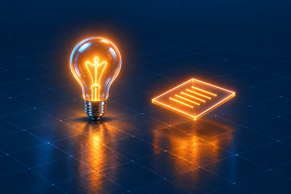 Glowing lightbulb beside a hypothesis document, representing an initial AI idea.
