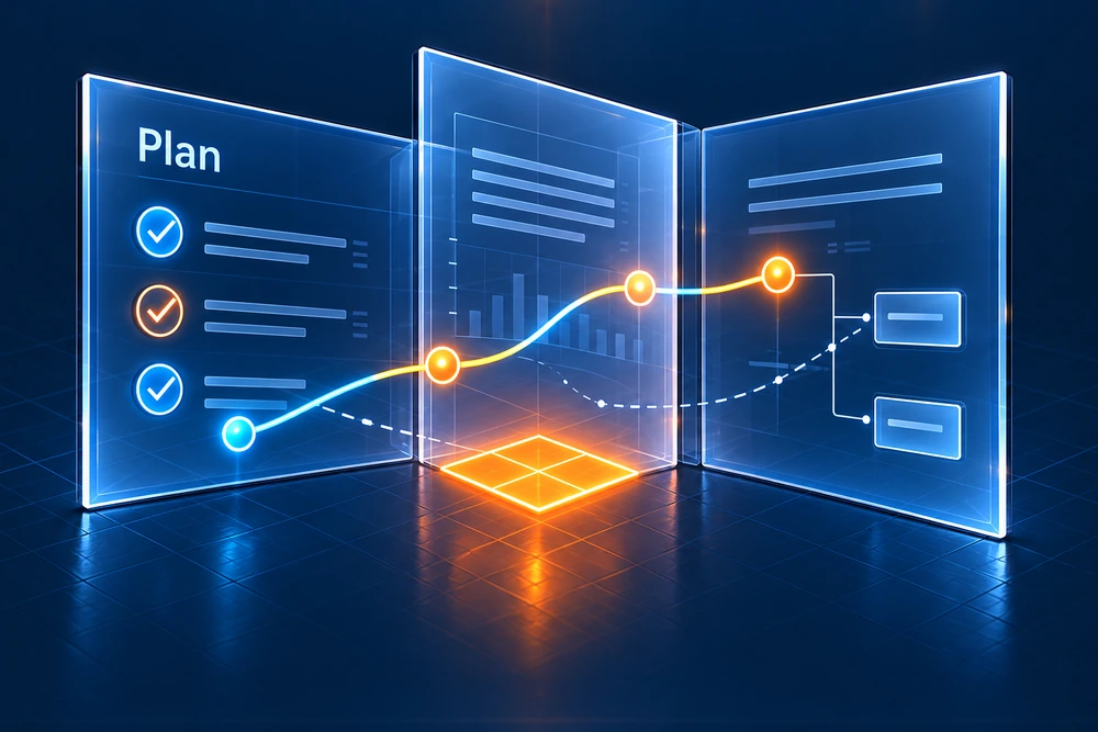 Planning panels connected by milestones and dependencies along a sequenced roadmap.