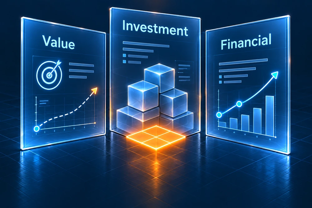Value, investment, and financial panels combine targets, investment blocks, and outcome charts.