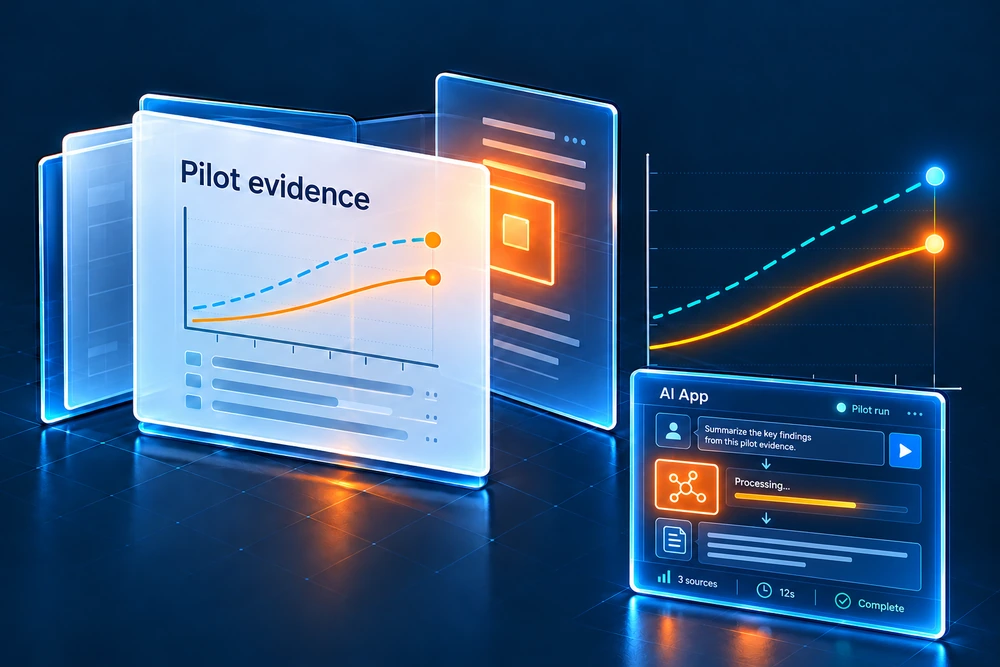 Pilot evidence and performance charts beside a running AI app processing a user request and producing a response.