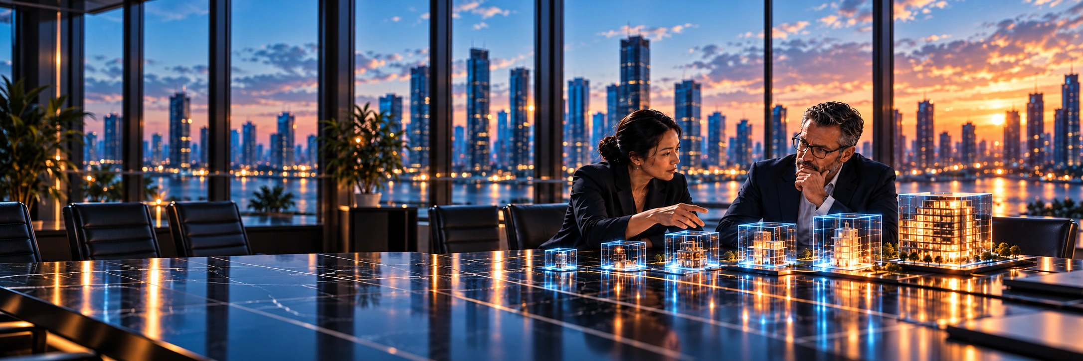 Concept illustration of two business leaders reviewing six progressively larger architectural models illuminated in cyan and orange.