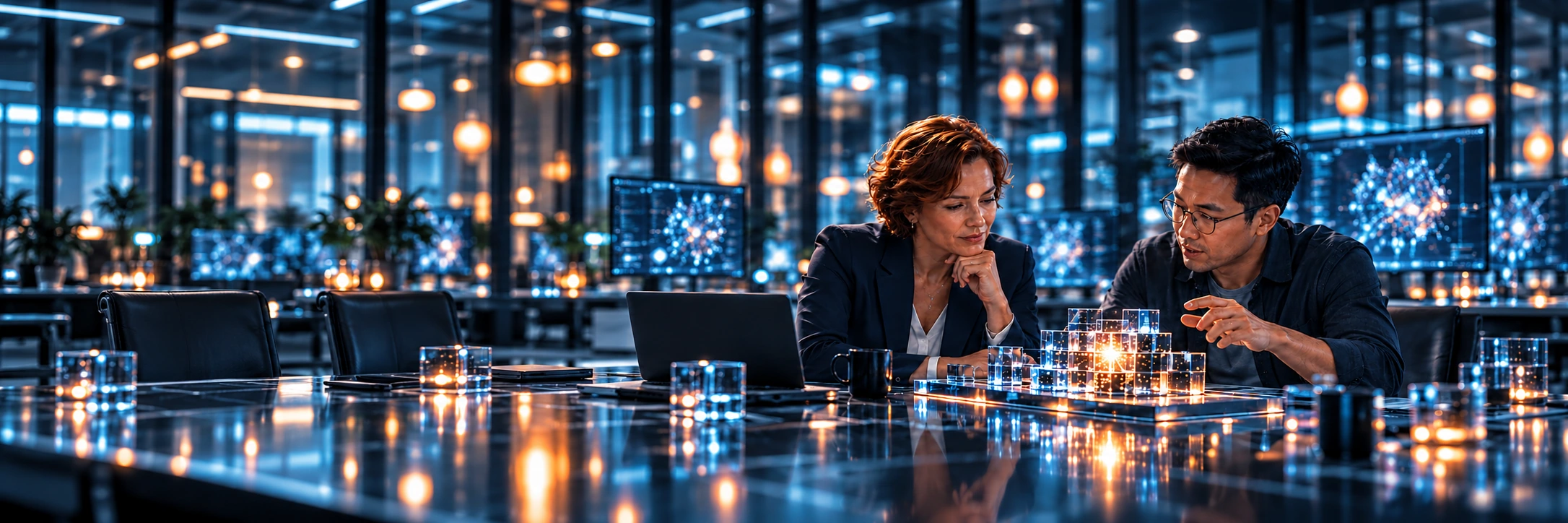 Concept illustration of a business leader and an engineer discussing an illuminated cyan and orange glass model in an AI lab.