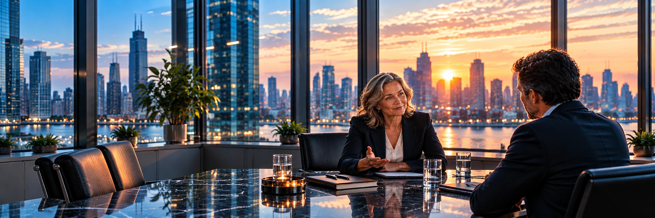 Concept illustration of blonde executive woman facing camera in discussion with a grey-haired man viewed from behind across a table with notebooks and glasses by sunset windows.