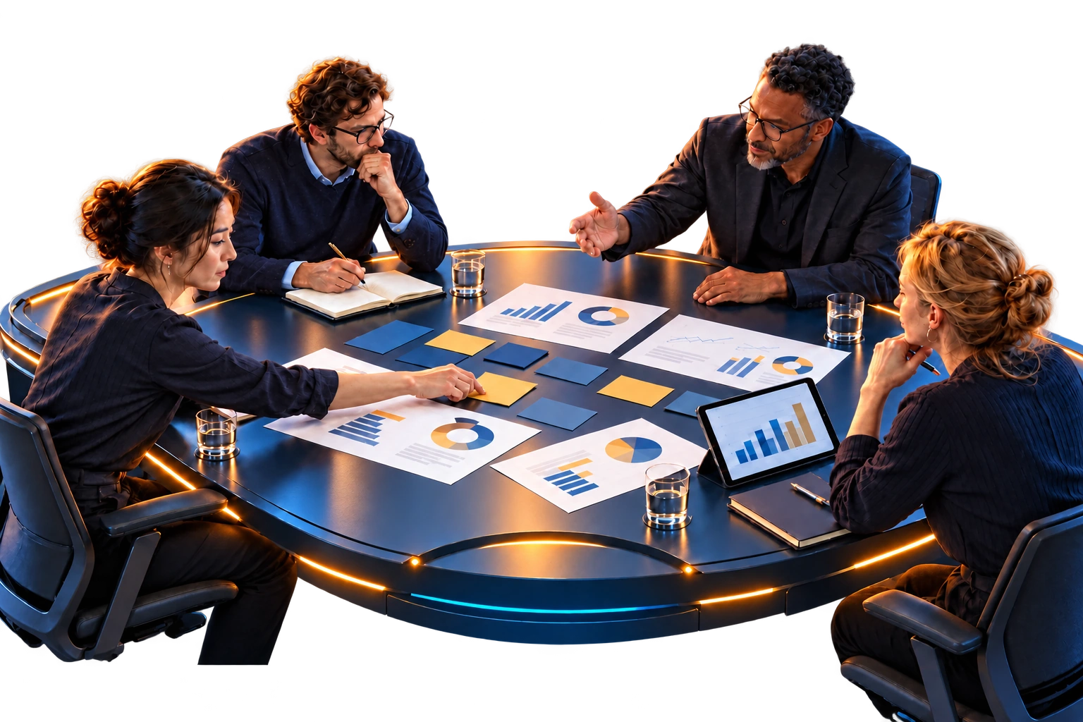 A client leadership team and an advisor discussing business priorities, evidence, and decisions around a shared table.