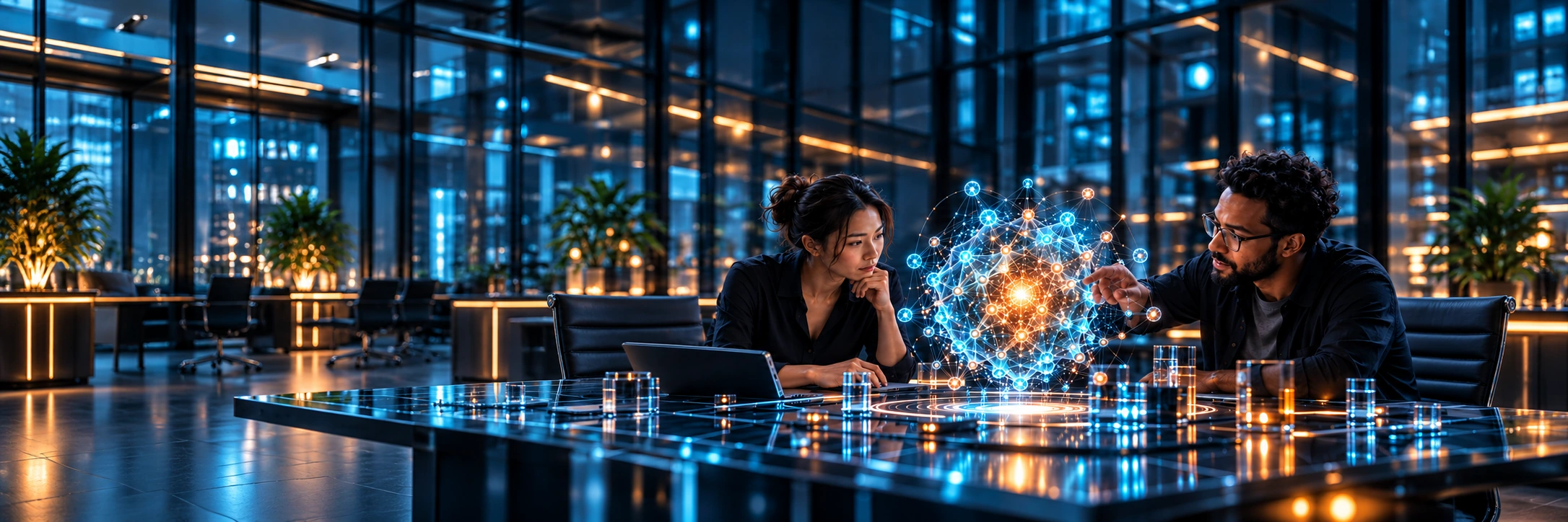 Concept illustration of East Asian female developer and curly-haired male engineer with glasses reviewing the original luminous cyan/orange spherical agent-network visualization above the table.
