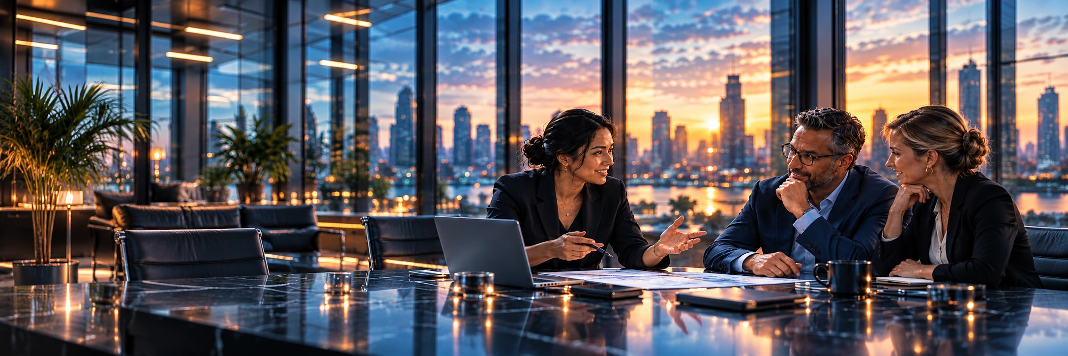 Concept illustration of East Asian woman explaining an onboarding plan on papers to a grey-haired man with glasses and a blonde woman, warm collaborative customer discussion.