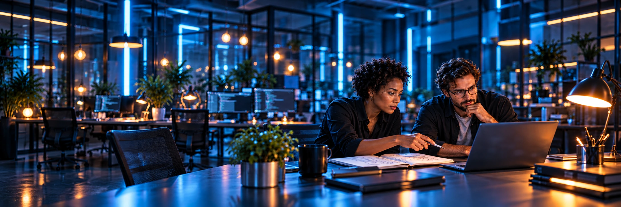 Concept illustration of Black female developer and curly-haired male developer with glasses discussing a laptop and technical notebook at a blue/orange lit workbench.