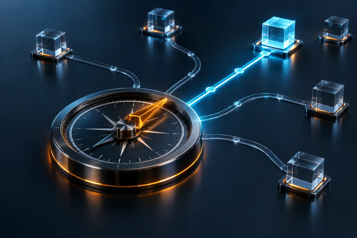 Concept illustration of an amber compass pointer selecting a path through a portfolio of cyan opportunities.