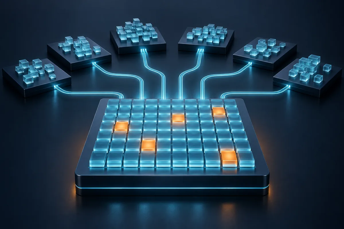 Concept illustration of six groups of AI initiatives connecting to one organized enterprise portfolio.