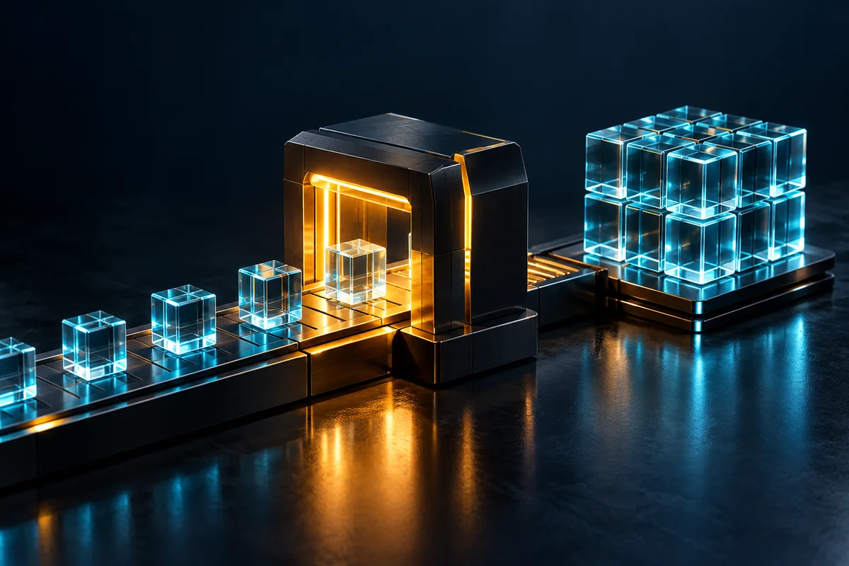 Concept illustration of cyan prototypes passing through an amber evidence checkpoint before expanding into a larger structure.