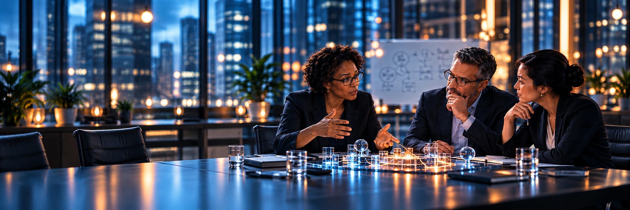 Concept illustration of an expert coaching two business leaders around illuminated cyan and orange geometric models.