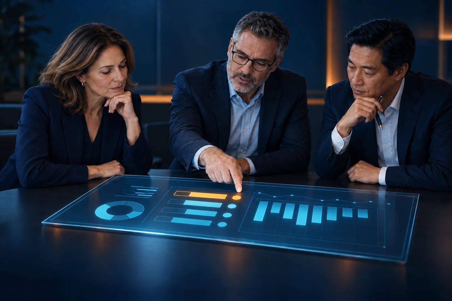 Illustration of three leaders reviewing a shared use-case evidence record, with cyan charts and an orange decision marker.