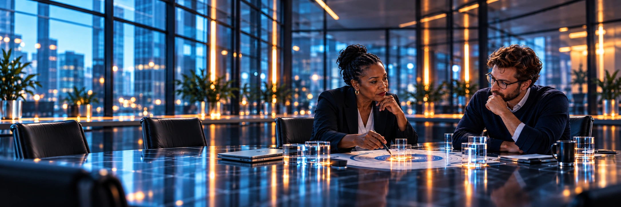Concept illustration of Black woman with tied-back braids and young curly-haired man with glasses reviewing a circular decision diagram and cyan/orange cube models.