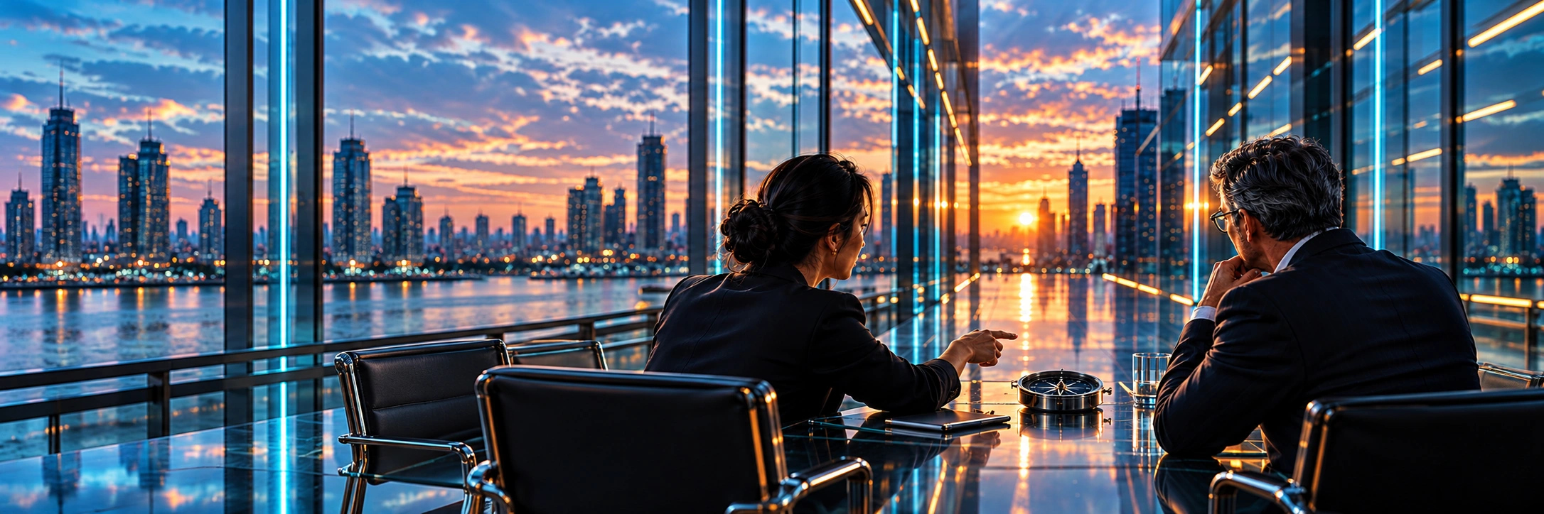 Concept illustration of two leaders viewed from behind discussing a future path toward the sunset skyline with a physical compass on the table and cyan/orange corridor lighting.