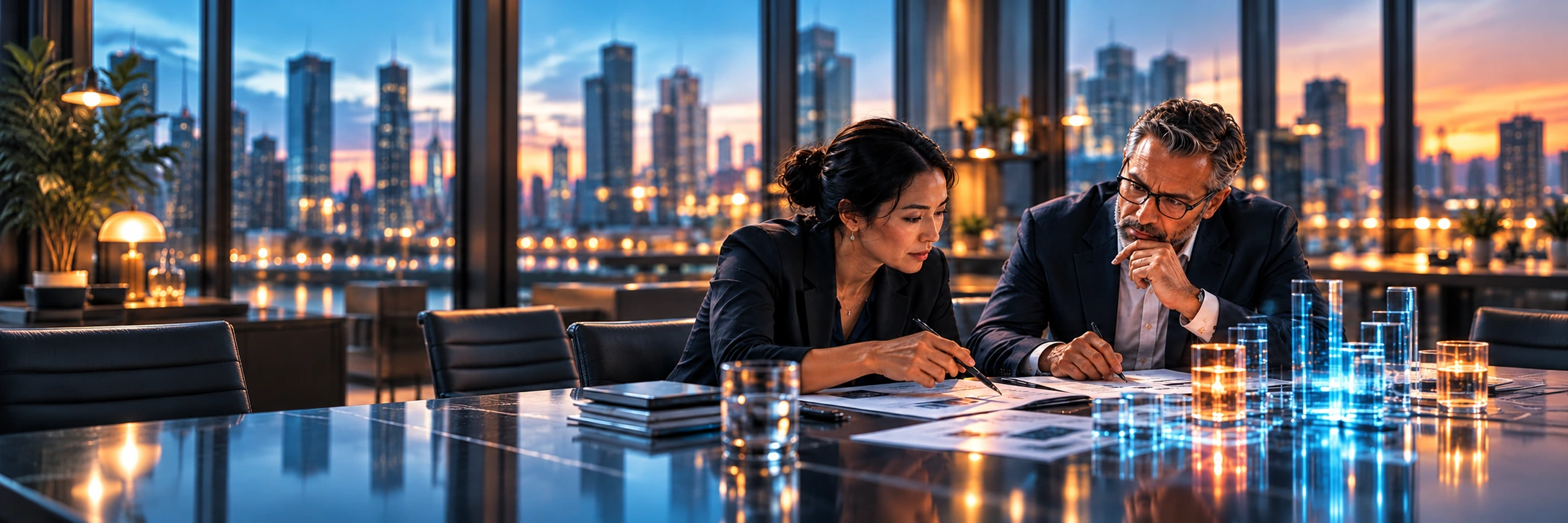 Concept illustration of East Asian woman and grey-haired man with glasses examining evidence papers beside transparent cyan/orange column models.