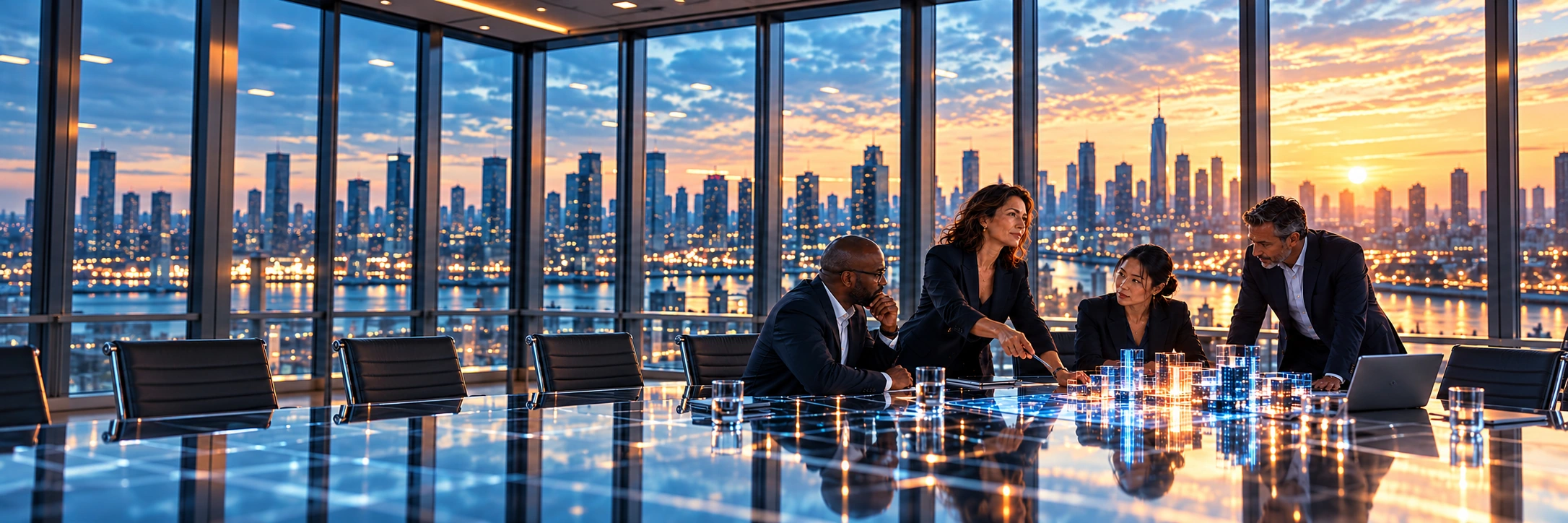 Concept illustration of business leaders reviewing a glowing architectural model together, with a city skyline beyond.