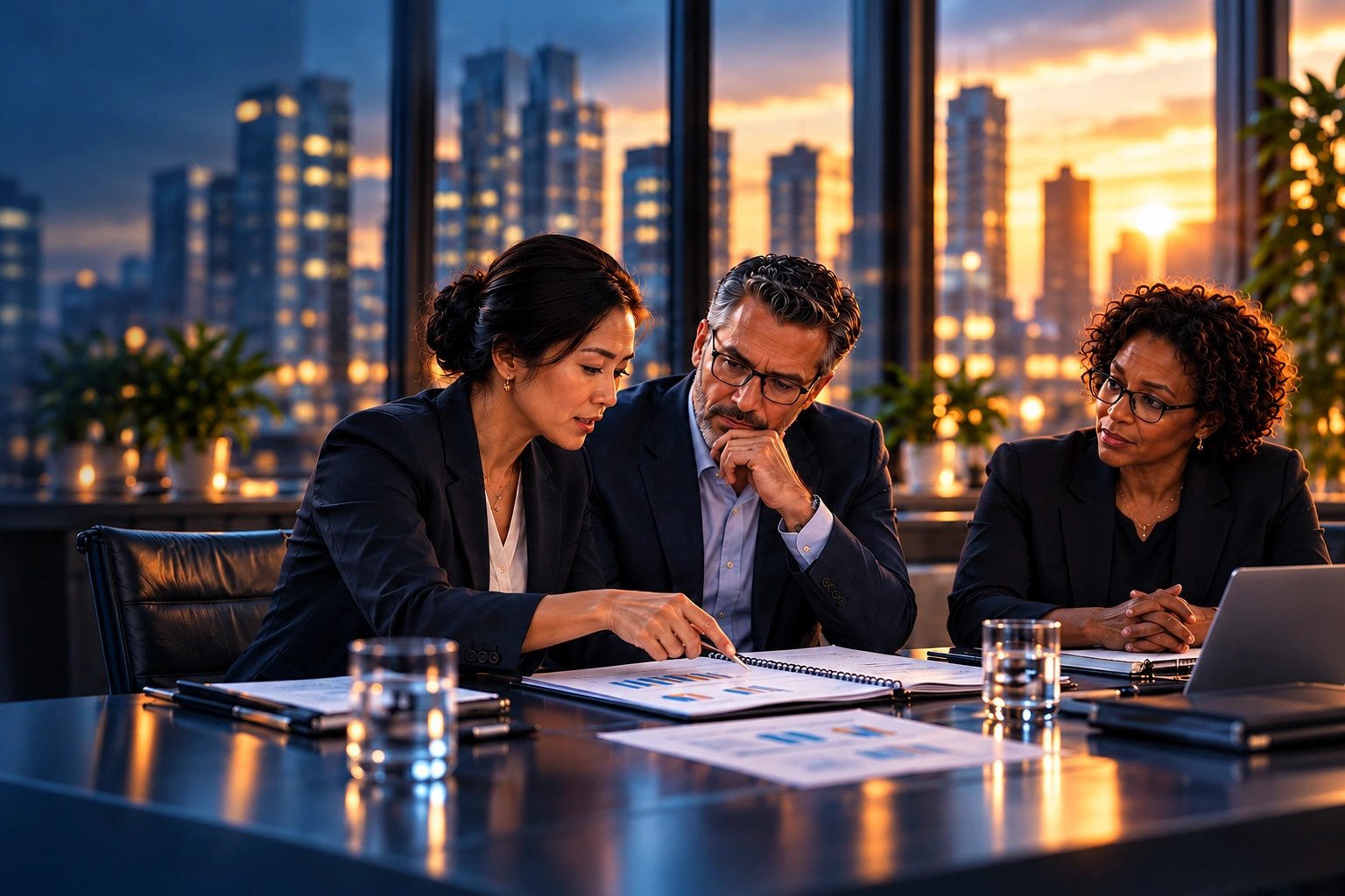 Two client leaders lead a review of notebook charts while an advisor listens beside them, in a warmly lit evening office.