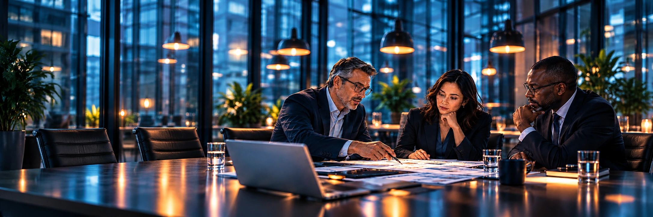 Concept illustration of three business leaders reviewing portfolio papers together in a blue-lit office with warm orange lighting.